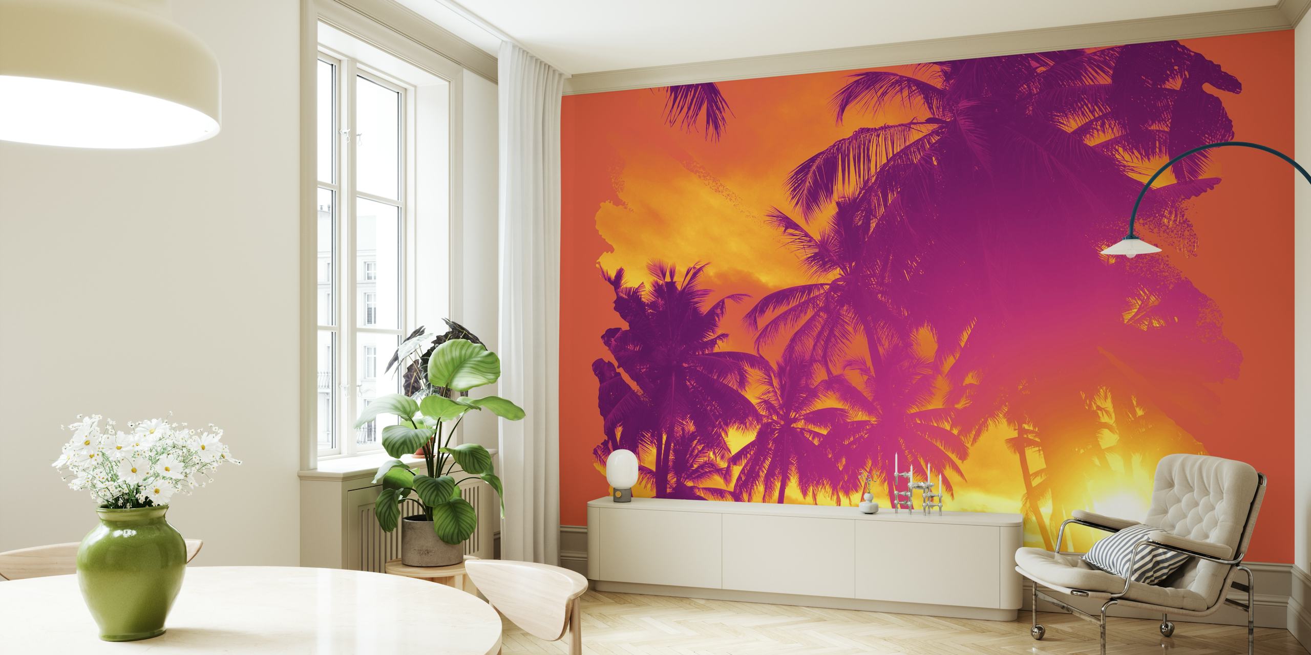 Retro sunset with palm tree silhouettes wall mural
